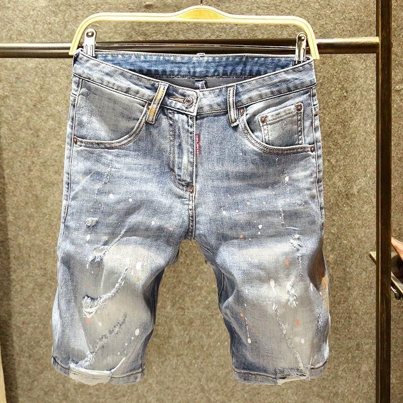 Men's Clothing New Style Personalized Scraped Denim Shorts Men's Trendy Brand Slim Fit Shorts Summer Light Color Paint Dot Straight Pants_mkmklike.com