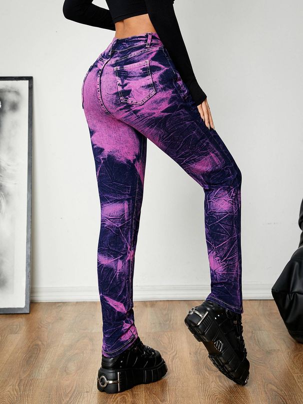 Women's Clothing New Style Washed Creative Tie Dyed High Waist Elastic Hip Lifting Versatile Ladies Denim Trousers_mkmklike.com