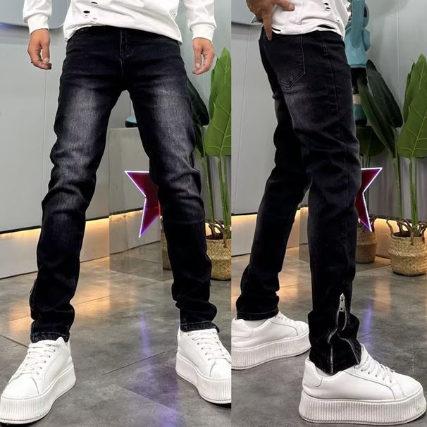 Slim Fit Stretch Denim Jeans For Men With Side Zipper - Black & Grey Washed Straight Leg Trousers_mkmklike.com