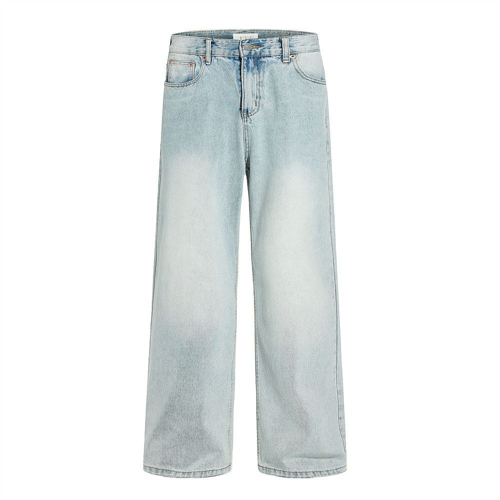 Washed Light Color Jeans Punk Street Style Loose Straight Long Men's Distressed Casual Wide Leg Pants_mkmklike.com
