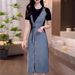 Summer 2025 Round Neck Spliced Dress For Women, Color Blocked Short Sleeved Zipper Waist Cinching Slimming Denim Casual_mkmklike.com