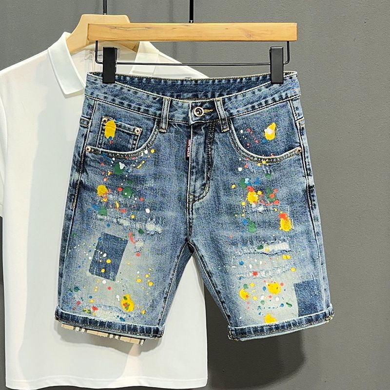 Men's Clothing Washed Blue Ripped Denim Shorts Men's Trendy Ink Splash Graffiti Slim Fit Five Point Pants_mkmklike.com
