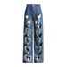 Women's Clothing Fashionable Design Straight Pants Summer New High Waist Printed Love Hollow Wide Leg Jeans_mkmklike.com