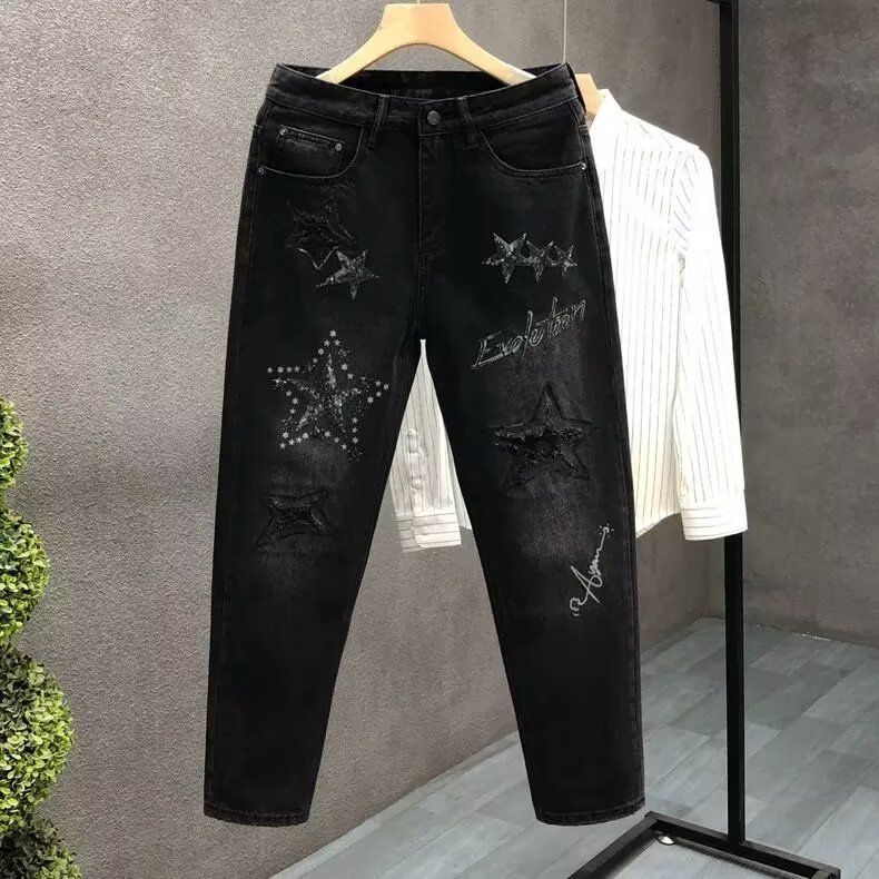 Men's Trendy Black Washed Distressed Jeans Loose Fit Straight Leg Casual Denim Pants with Rhinestone Embellishments_mkmklike.com