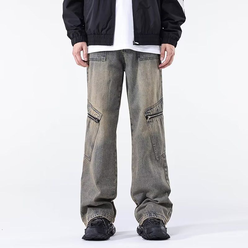 Nordmann American Style Cargo Jeans For Men Loose Wide-Leg Washed Vintage Casual Pants High Street Trendy Brand Straight_mkmklike.com