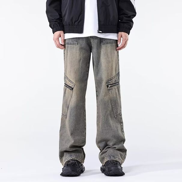 Nordmann American Style Cargo Jeans For Men Loose Wide-Leg Washed Vintage Casual Pants High Street Trendy Brand Straight_mkmklike.com