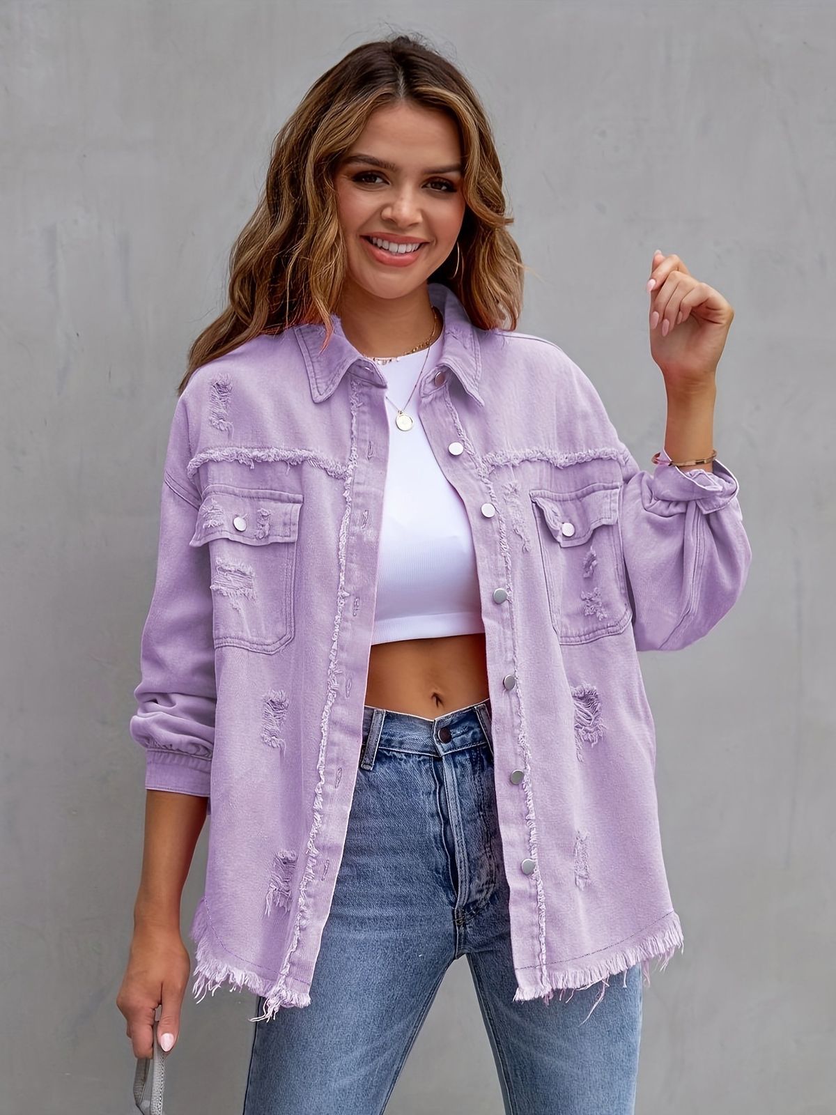 K New Solid Color Mid Length Long Sleeved Denim Jacket With Holes, European And American Style Jacket For Women_mkmklike.com