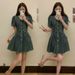 ELLE ELLE Plus Size Hong Kong Style Retro Collar Ribbon Denim Women Summer Slimming Waist Dress For Petite Figures_mkmklike.com