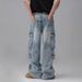 Tide Brand American Washed Multi-pocket Splicing Design Sense Tooling Jeans Men's And Women's Street Versatile Straight Trousers_mkmklike.com