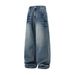 Men's Washed Distressed Straight Leg Jeans With Lightning Cat Whisker & Rivets, Retro Style Semi-Stretch Denim Pants For Casual Wear_mkmklike.com