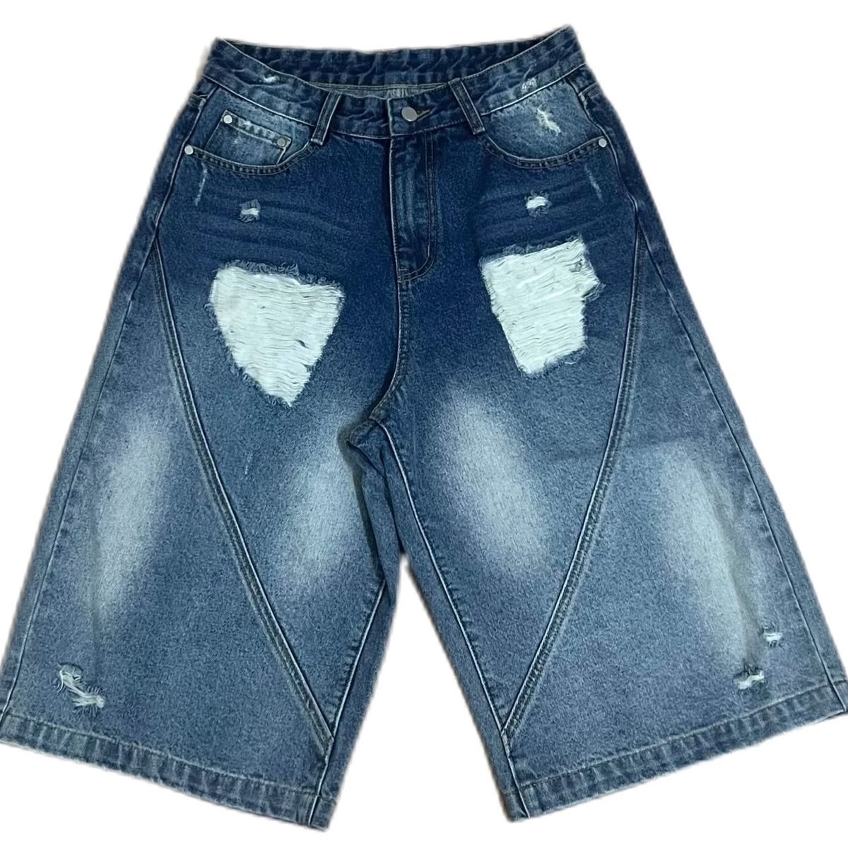 Vintage Washed Distressed Denim Shorts For Men - Retro Light Blue Relaxed Fit Capri Jeans With Ripped Details_mkmklike.com