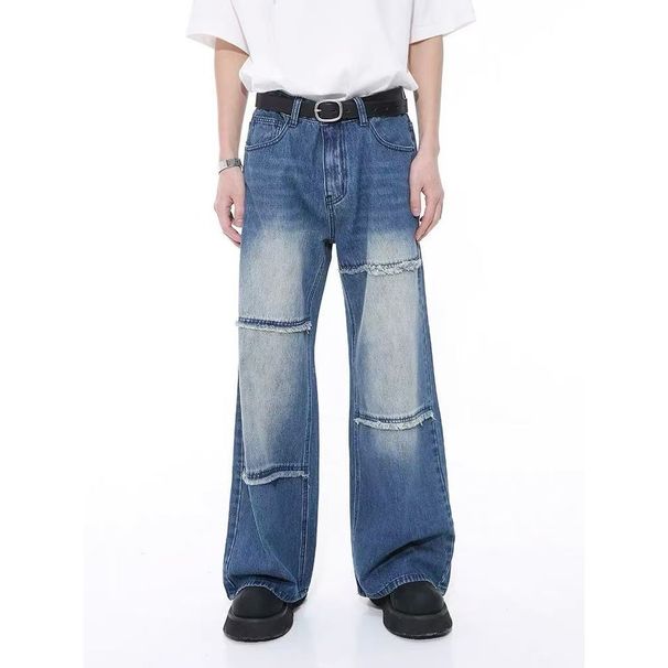 Unisex High-Waisted Raw Hem Jeans – Distressed Straight Leg Denim Pants With Irregular Fraying, Vintage Inspired (Blue)_mkmklike.com