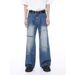 Unisex High-Waisted Raw Hem Jeans – Distressed Straight Leg Denim Pants With Irregular Fraying, Vintage Inspired (Blue)_mkmklike.com