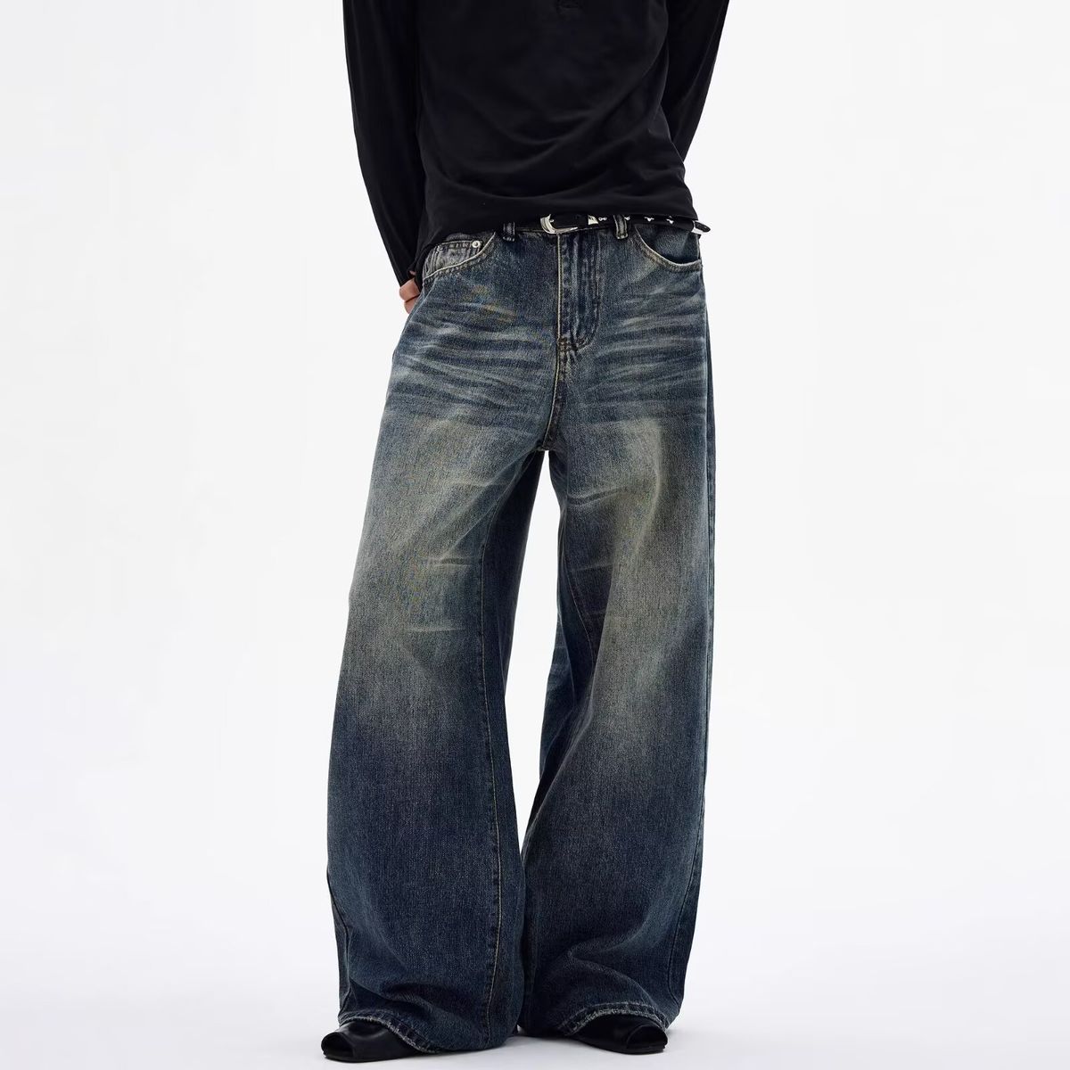 Men's American Style Washed Distressed Wide Leg Jeans Loose Fit High Street Straight Leg Floor Length Trousers Black Blue Cotton_mkmklike.com
