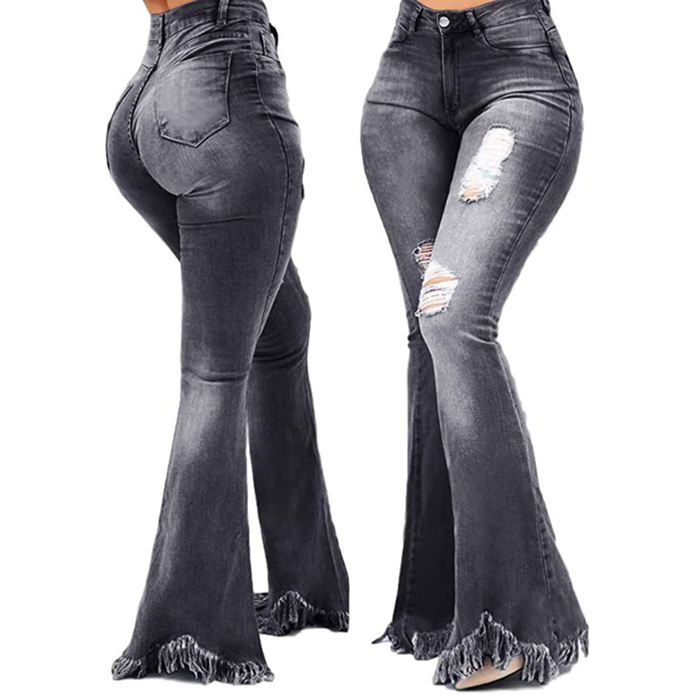 Women's Clothing Versatile Slim Wide Leg Washed Ripped Denim Bell Bottom Pants_mkmklike.com