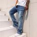 HME Men's Fleece Lined Thickened Jeans Slim Fit Frayed Hem High Street Style Slightly Flared Pants European American Cross Border_mkmklike.com