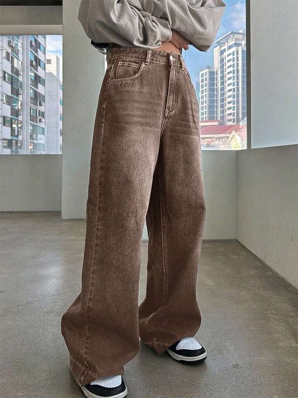 High Waist Straight Leg Jeans For Women – Vintage Washed Brown Denim Pants (Relaxed Fit, 90% Cotton, No Stretch, S-XL, Coffee Gradient)_mkmklike.com