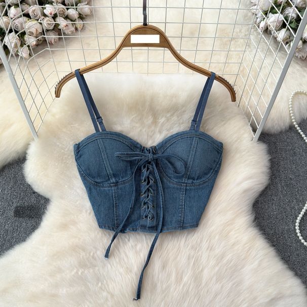 Women's Clothing Drawstring short denim beautiful back women's summer new Korean style slim fit slimming versatile waist-baring camisole vest trend_mkmklike.com