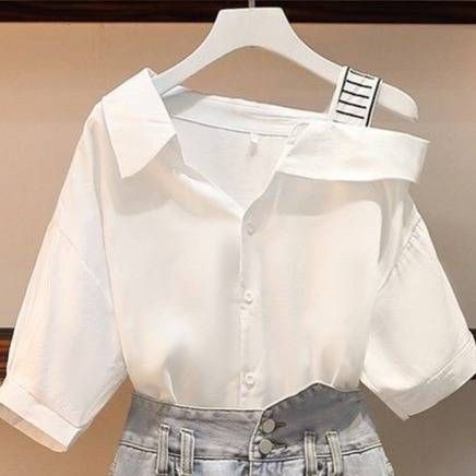 Women's Clothing Slightly Plump Girls' Outfit Suits Summer New Slimming Off Shoulder Short Sleeved Shirt Denim Shorts Two Piece Suit_mkmklike.com