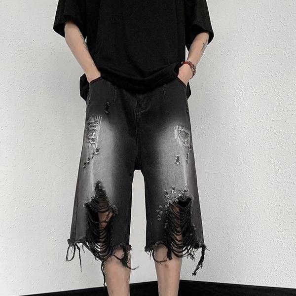 Men's Clothing Semi Elastic Jeans Ripped High Street Fashion Hiphop Street Hip Hop Retro Distressed Casual Shorts_mkmklike.com