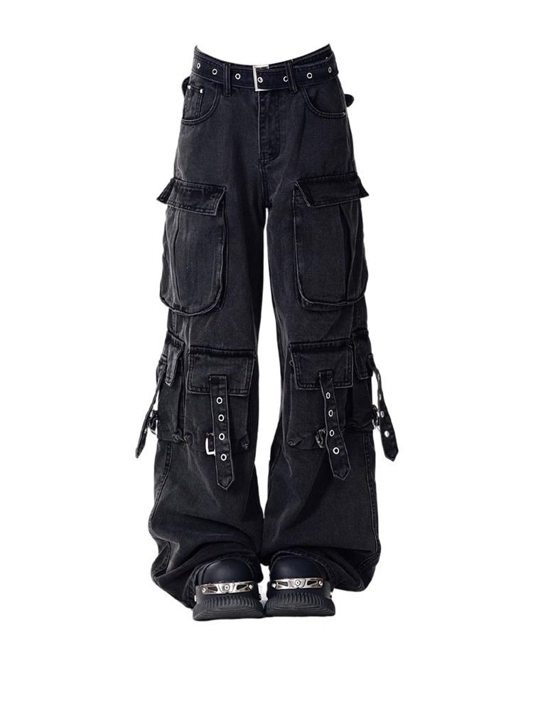 Vintage Trendy Vibe Multi-pocket Workwear Jeans For Women, 2025 Spring And Autumn New Style, Loose Wide-leg Floor-length_mkmklike.com