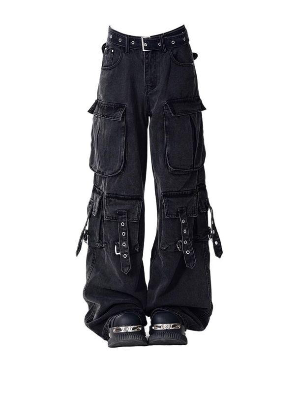 Vintage Trendy Vibe Multi-pocket Workwear Jeans For Women, 2025 Spring And Autumn New Style, Loose Wide-leg Floor-length_mkmklike.com
