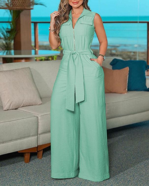 Women's Clothing women's elegant shirt collar sleeveless solid color zipper strap wide leg jumpsuit_mkmklike.com
