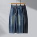 Men's Relaxed Fit Drawstring Jeans – Distressed Washed Denim Pants (Blue/Black, Cotton Blend, Wide-Leg Streetwear, Unisex Casual Style)_mkmklike.com