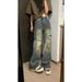 Summer High Street Tide Brand Old Broken Hole Waste Soil Yellow Mud Jeans Men Loose Ruffian Handsome Fried Street Thin Long Pants_mkmklike.com