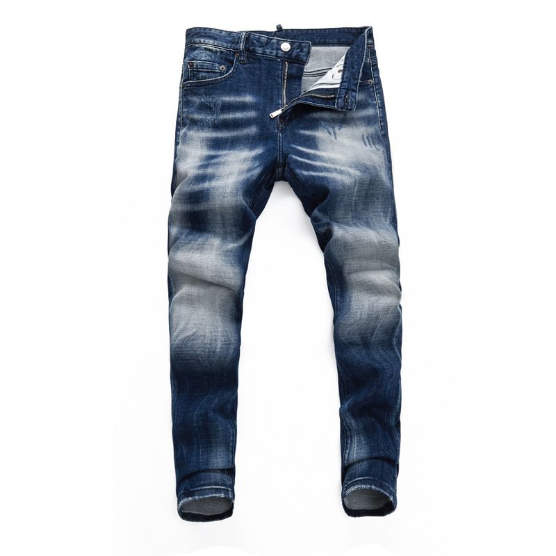 Men's Clothing High Street Fashion Jeans Old Dark Blue Washed And Worn Trendy Retro Elastic Skinny Pants_mkmklike.com