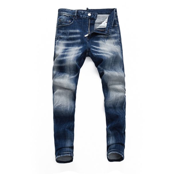 Men's Clothing High Street Fashion Jeans Old Dark Blue Washed And Worn Trendy Retro Elastic Skinny Pants_mkmklike.com