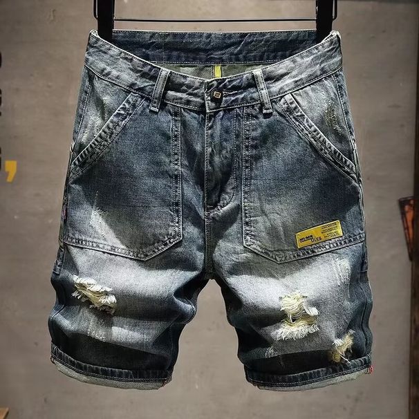 Men's Distressed Denim Shorts – American High-Street Vintage Washed 5-Inch Inseam (28-36) – Relaxed Fit & Artisan Fading For Streetwear Styling_mkmklike.com
