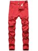 Men's Slim Fit Pants Trendy Street Ripped Red Pants Washed With Youthful Vitality Zipper Pencil Pants_mkmklike.com