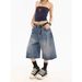 Men's Clothing Retro Washed Old Lightning Pattern Three Quarter Denim Shorts Loose Straight Wide Leg Mid Length Pants_mkmklike.com