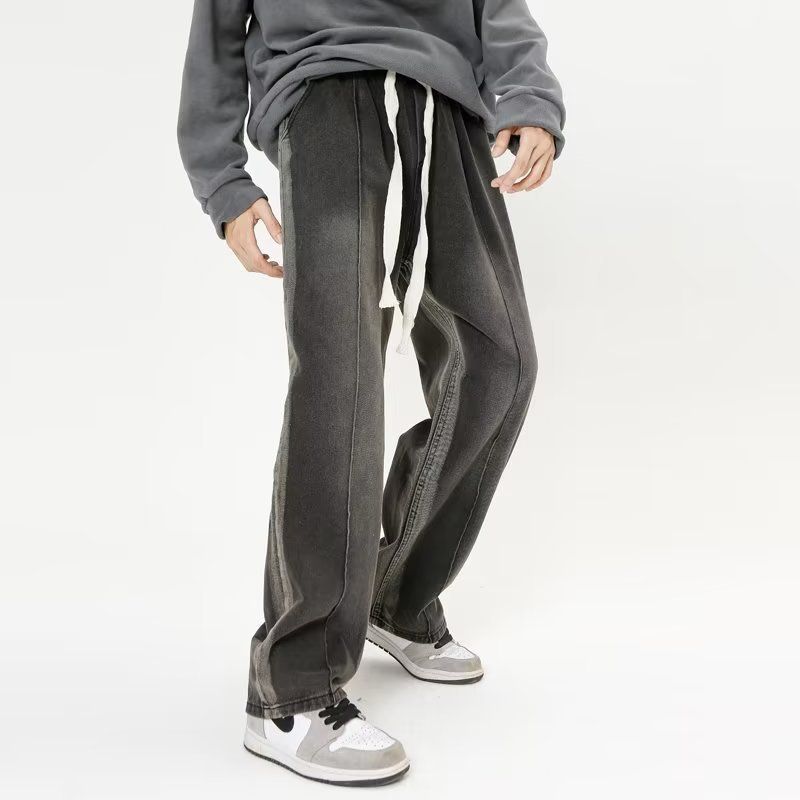 Nordmann Black Gray High Street Retro Jeans Men Elastic Waist Casual New Trendy Loose Straight Long Pants_mkmklike.com