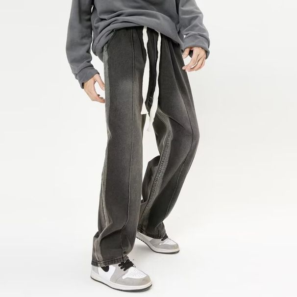 Nordmann Black Gray High Street Retro Jeans Men Elastic Waist Casual New Trendy Loose Straight Long Pants_mkmklike.com