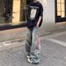 American Retro Striped Color Matching Splicing Old Jeans Men's And Women's Trendy Brand Straight Loose Workwear Wide Back Trousers_mkmklike.com