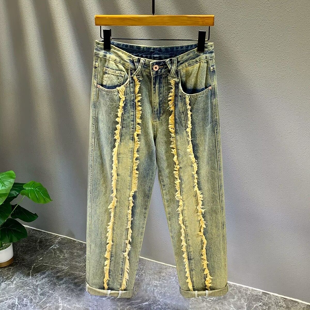 Men's Luxury Vintage Color Denim Jeans Workwear Style Frayed Edges Patchwork Retro Washed Distressed Trendy Versatile Trousers_mkmklike.com