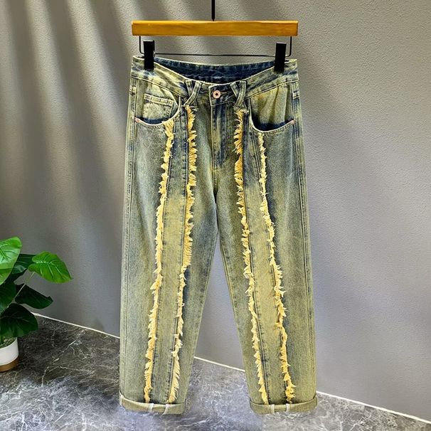 Men's Luxury Vintage Color Denim Jeans Workwear Style Frayed Edges Patchwork Retro Washed Distressed Trendy Versatile Trousers_mkmklike.com