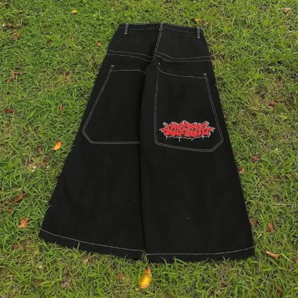 Men's Jeans Y2K American Cherry Blossom Knight Pattern Embroidered Street Retro And Women's Gothic Casual Wide Leg_mkmklike.com