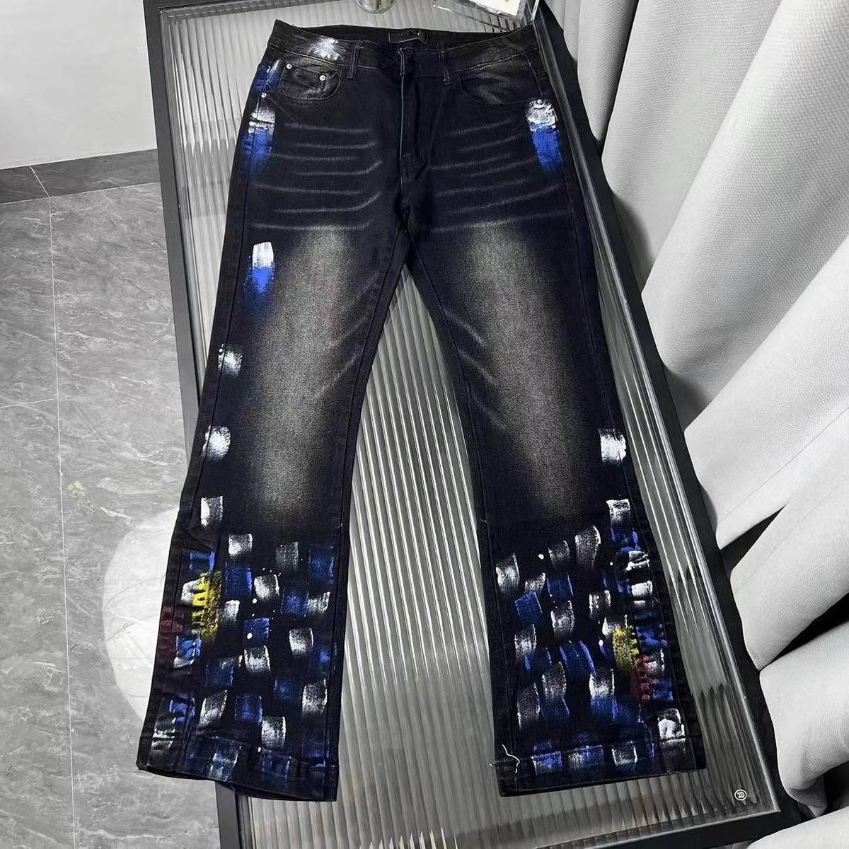 Streetwear Splatter Jeans – Distressed Black-Grey Paint Wash With Flared Hem (S-3XL, Unisex Grunge Revival)_mkmklike.com