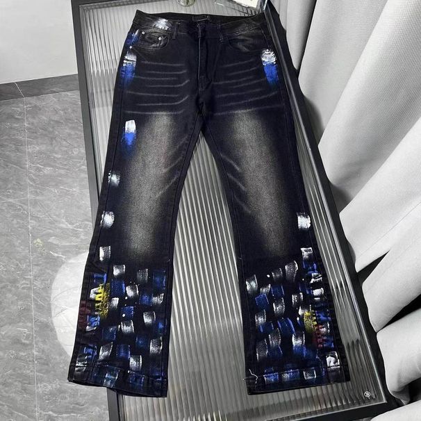 Streetwear Splatter Jeans – Distressed Black-Grey Paint Wash With Flared Hem (S-3XL, Unisex Grunge Revival)_mkmklike.com