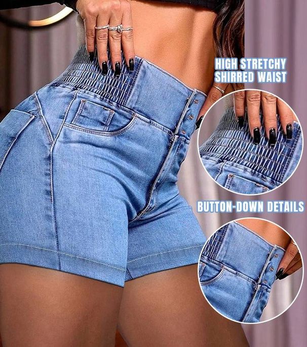 Women's High-Waisted Stretch Denim Shorts Creative Style European American Elastic Waistband Pockets_mkmklike.com