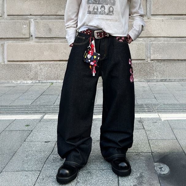 Men's Clothing Men's Retro Heavy Duty Plum Blossom Embroidered Jeans Y2K High Street Design Loose Fitting Straight Leg Floor Length Pants_mkmklike.com