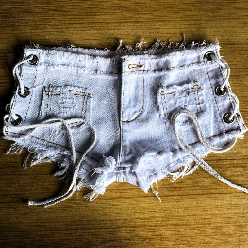 Sexy Side Slit Denim Shorts For Women - Low Rise Distressed Hot Pants With Grommet Lace-Up Detail (Vintage Wash, S/M/L)_mkmklike.com