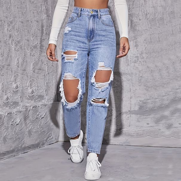 Women's Clothing Trendy Washed Ripped High Waist Straight Trousers_mkmklike.com