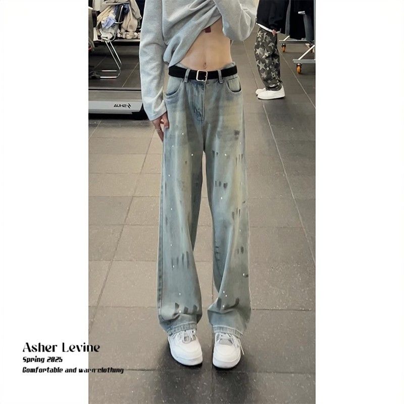 American Retro-style Splatter-paint Cat Scratch For Men, Spring Autumn, Washed And Distressed, Trendy Loose Straight-leg_mkmklike.com