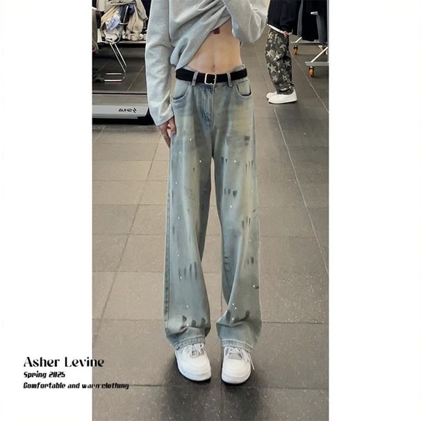 American Retro-style Splatter-paint Cat Scratch For Men, Spring Autumn, Washed And Distressed, Trendy Loose Straight-leg_mkmklike.com