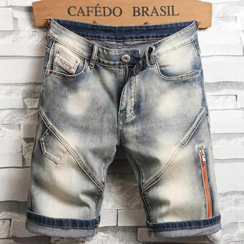 Men's Clothing Summer Retro Denim Shorts Men's Trendy Brand Ins Cat Whisker Slim Straight Casual Stretch Shorts Trendy Mid Length Pants_mkmklike.com