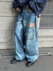 Vintage Washed Patchwork Jeans For Men & Women – Distressed Denim Pants With Printed Design, Relaxed Fit & Straight Wide Leg_mkmklike.com